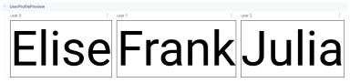 Previews showing Elise, Frank and Julia composables
