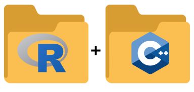 Graphic showing R inside a folder icon, then a plus sign, then C++ logo inside a folder icon