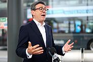Prime Minister Andy Burnham speaks to the media as he visits Wolverhampton Bus Station