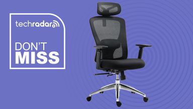 The EP200 office chair on a purple background beside a TechRadar-branded badge that reads &amp;#039;Don&amp;#039;t Miss&amp;#039;
