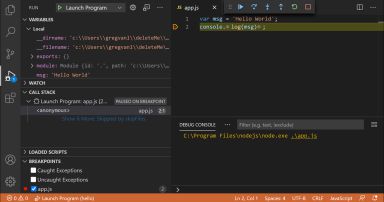 Active debug session with the Run and Debug view, an editor breakpoint, Debug toolbar, and Debug Console.