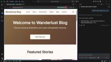 Integrated browser highlighting the Share with Agent button, with chat showing the agent can access the shared page.