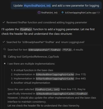 Screenshot of the Chat view, showing a prompt to update an existing function and add a parameter for logging, which invokes the get symbol references tool.