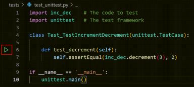 Run test icon displayed on the gutter when the test file is open in the editor