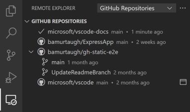 Screenshot showing remote GitHub repositories in Remote Explorer.