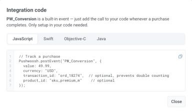 Integration code dialog with PW_Conversion postEvent samples for JavaScript Swift Objective-C and Java