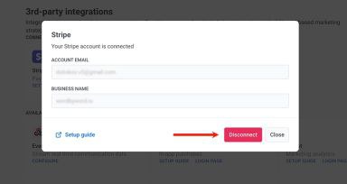Stripe card SETTINGS popup with Disconnect button in 3rd-party integrations