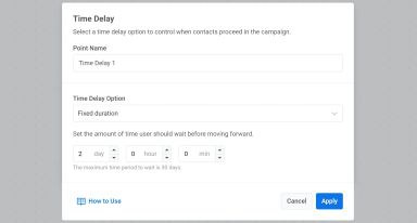 The Time Delay element configured to a fixed duration, showing a user waiting for a specified period before proceeding.