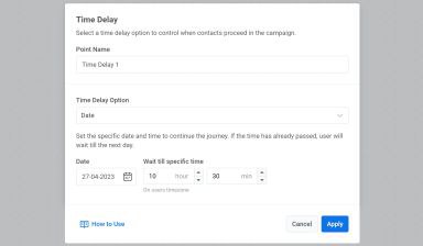 A Time Delay element set to a specific date, ideal for scheduling one-time campaigns like holiday promotions.