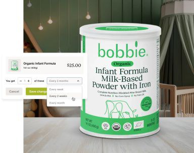 A package of bobbie Organic Infant Formula displayed with a subscription option.