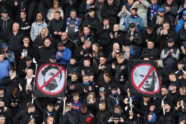 FALKIRK, SCOTLAND - OCTOBER 04: Rangers fans protest against their manager Russell Martin and Rangers CEO Patrick Stewart during the Premier League match between Falkirk and Rangers at Falkirk Stadium on October 04, 2025 in Falkirk, Scotland. (Photo by Ian MacNicol/Getty Images)