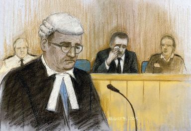 Court artist sketch by Elizabeth Cook of prosecution counsel Paul Greaney KC speaking as Paul Doyle, wipes away tears as he appears at Liverpool Crown Court for sentencing on 31 offences after seriously injuring people by driving into football fans celebrating Liverpool's victory parade on May 26. Doyle, 54, admitted dangerous driving, affray, 17 charges of attempting to cause grievous bodily harm (GBH) with intent, nine counts of causing GBH with intent and three counts of wounding with intent.  Picture date: Monday December 15, 2025. PA Photo. Photo credit should read: Elizabeth Cook/PA Wire