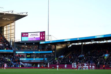 The screen in the stadium shows the goal of Ashley Barnes of Burnley under investigation by VAR during the Premier League match between Burnley and Brentford at Turf Moor