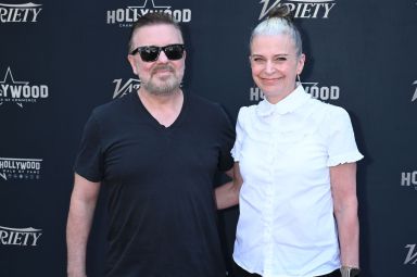 Ricky Gervais, Jane Fallon at the ceremony honoring Ricky Gervais with a star on the Hollywood Walk Of Fame held on May 30, 2025 in Los Angeles, California. (Photo by Gilbert Flores/Variety via Getty Images)