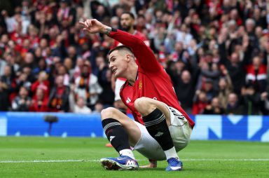 Manchester United's Slovenian striker #30 Benjamin Sesko celebrates scoring the team's second goal during the English Premier League football match between Manchester United and Liverpool at Old Trafford in Manchester, north west England, on May 3, 2026. (Photo by Darren Staples/AFP via Getty Images) / RESTRICTED TO EDITORIAL USE. No use with unauthorized audio, video, data, fixture lists, club/league logos or 'live' services. Online in-match use limited to 120 images. An additional 40 images may be used in extra time. No video emulation. Social media in-match use limited to 120 images. An additional 40 images may be used in extra time. No use in betting publications, games or single club/league/player publications.