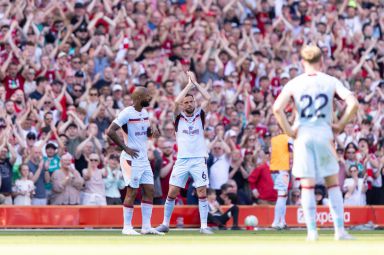 Jordan Henderson applauds the Liverpool fans at Anfield