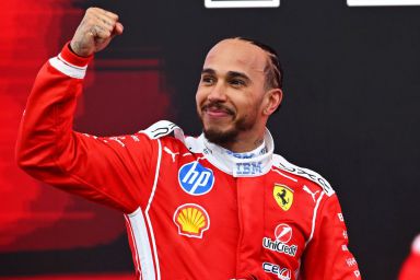 Second placed Lewis Hamilton of Great Britain and Scuderia Ferrari celebrates in parc ferme during the F1 Grand Prix of Canada at Circuit Gilles-Villeneuve on May 24, 2026 in Montreal, Quebec. 
