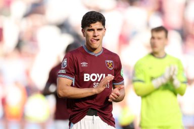 Mateus Fernandes of West Ham United applauds the fans after the Premier League match between West Ham United and Leeds United at the London Stadium