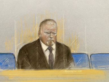 Court artist drawing by Elizabeth Cook of funeral director Robert Bush