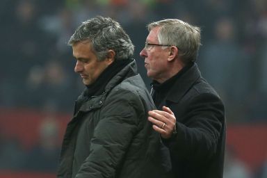 MANCHESTER, ENGLAND - MARCH 05:  Manager Sir Alex Ferguson of Manchester United shakes hands with Jose Mourinho of Real Madrid after the UEFA Champions League match between Manchester United and Real Madrid at Old Trafford on March 5, 2013 in Manchester, United Kingdom. (Photo by Matthew Peters/Manchester United via Getty Images)
