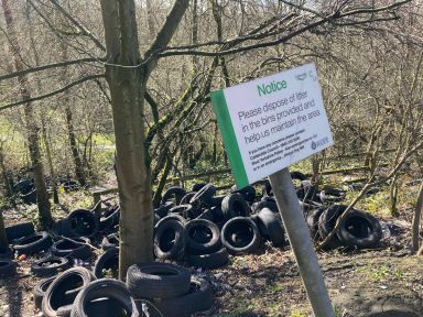 Dumped piles of tyres at the layby near Big Baps cafe, Brighouse