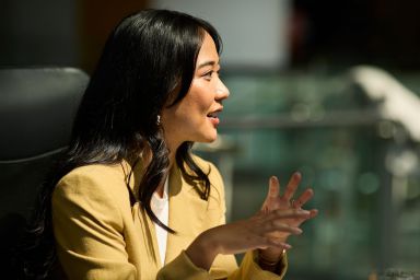 Female entrepreneur explaining business strategies in team meeting at office