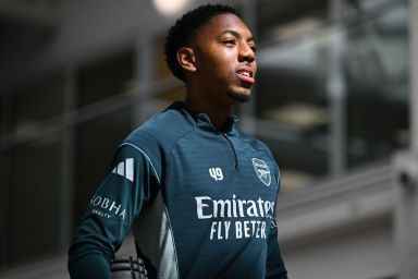 Myles Lewis-Skelly of Arsenal during a trainnig session at Sobha Realty Training Centre