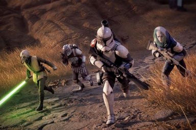 A clone trooper, jedi, and other operators running into battle in Star Wars Zero Company.