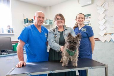 Pickle with (left to right) vet Craig McCreath of EC Straiton Vets, owner Rachel Bennett, and veterinary nurse Nicki Wilson