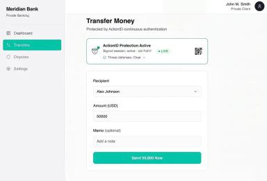 Meridian Bank transfer screen protected by ActionID