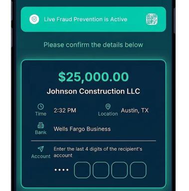 Mobile transaction confirmation showing a $25,000 wire to Johnson Construction LLC