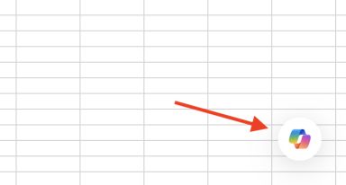 Screenshot of the Copilot in Excel button with a red arrow pointing to the button.