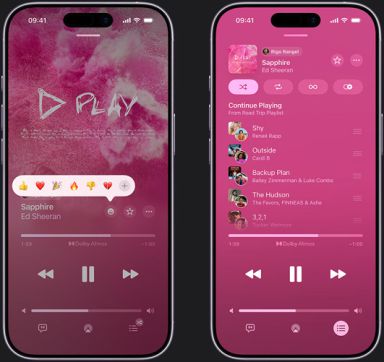 iPhone on left showing Sapphire by Ed Sheeran playing on iPhone screen with reaction emoji prompt showing options to thumbs up, heart, celebrate, thumbs down or add another reaction. iPhone on right showing collaborative playlist called Road Trip Playlist with multiple songs added by other contributors