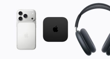 An iPhone 17 Pro in Silver colour, an Apple TV 4K and AirPods Max in Midnight colour