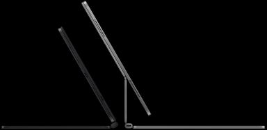 2 iPad Pro devices attached to Magic Keyboard, left: iPad Pro, side exterior, space black colour, microphones, attached to Magic Keyboard, side exterior, black colour, thin profile, iPad Pro tilted at 45-degree angle, right: iPad Pro, side exterior, silver colour, microphones, attached to Magic Keyboard, side exterior, silver colour, iPad Pro tilted at 45-degree angle showing the keyboards floating cantilever design and USBC connector